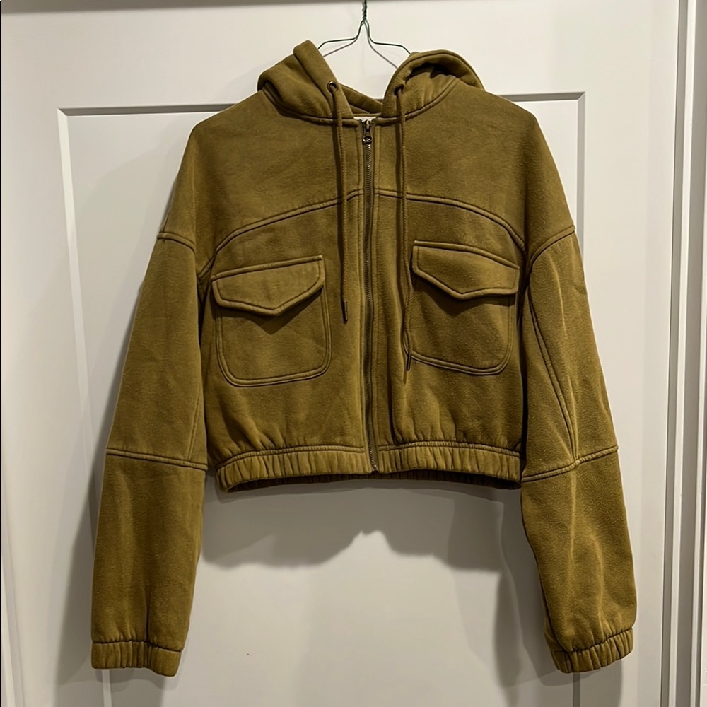 Olive Green Cropped Hoodie Jacket